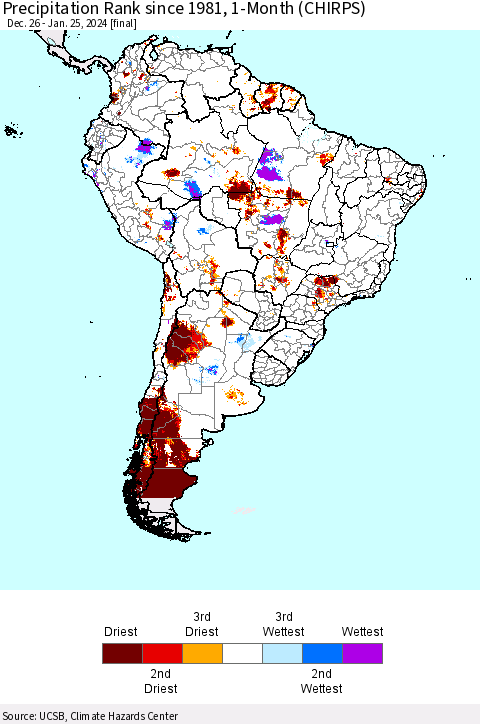 South America Precipitation Rank since 1981, 1-Month (CHIRPS) Thematic Map For 12/26/2023 - 1/25/2024