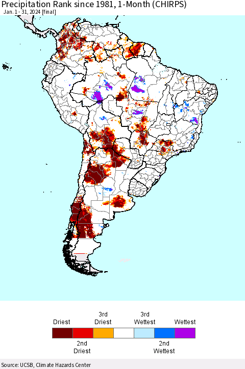 South America Precipitation Rank since 1981, 1-Month (CHIRPS) Thematic Map For 1/1/2024 - 1/31/2024