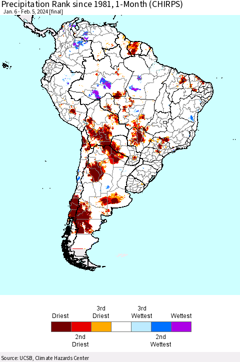 South America Precipitation Rank since 1981, 1-Month (CHIRPS) Thematic Map For 1/6/2024 - 2/5/2024
