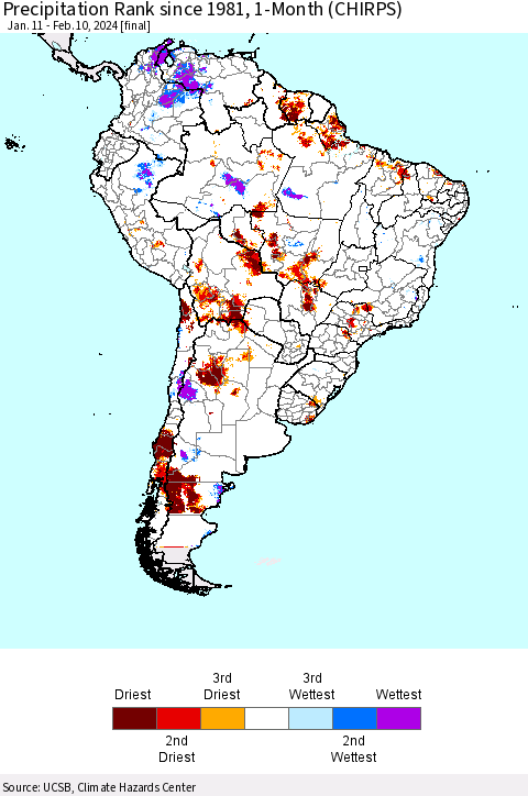 South America Precipitation Rank since 1981, 1-Month (CHIRPS) Thematic Map For 1/11/2024 - 2/10/2024
