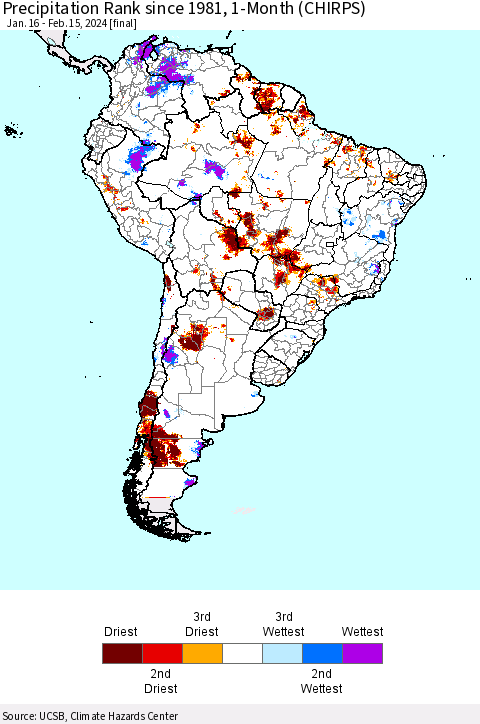 South America Precipitation Rank since 1981, 1-Month (CHIRPS) Thematic Map For 1/16/2024 - 2/15/2024