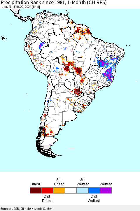 South America Precipitation Rank since 1981, 1-Month (CHIRPS) Thematic Map For 1/21/2024 - 2/20/2024