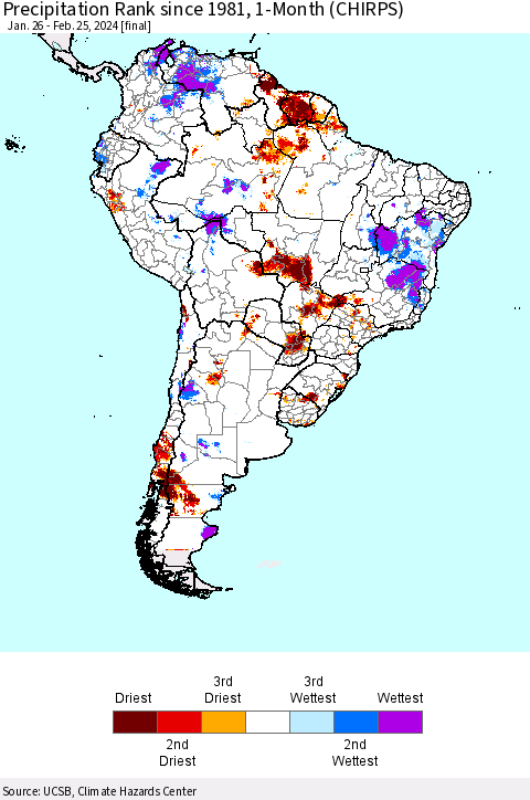 South America Precipitation Rank since 1981, 1-Month (CHIRPS) Thematic Map For 1/26/2024 - 2/25/2024