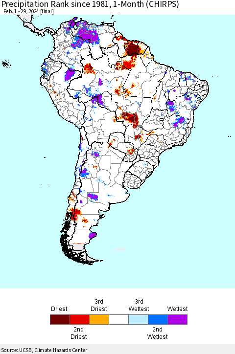South America Precipitation Rank since 1981, 1-Month (CHIRPS) Thematic Map For 2/1/2024 - 2/29/2024