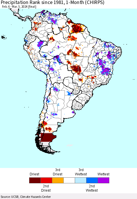 South America Precipitation Rank since 1981, 1-Month (CHIRPS) Thematic Map For 2/6/2024 - 3/5/2024