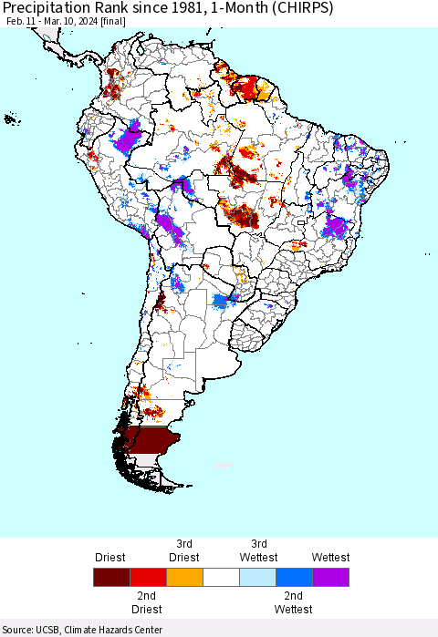 South America Precipitation Rank since 1981, 1-Month (CHIRPS) Thematic Map For 2/11/2024 - 3/10/2024