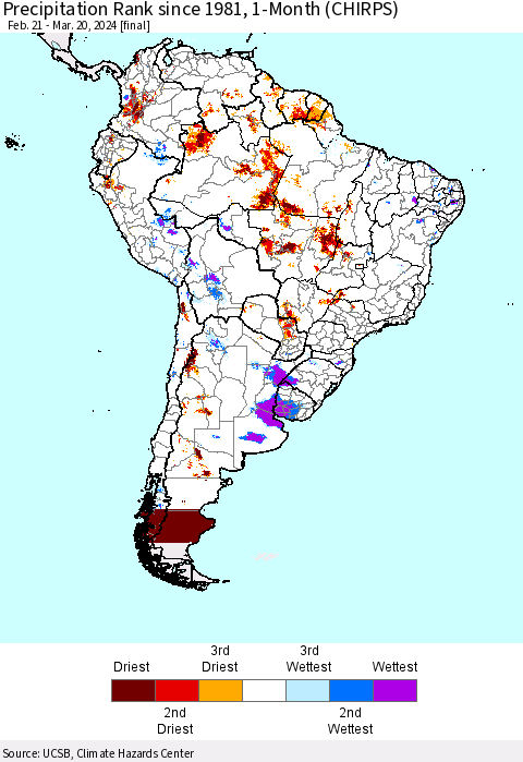 South America Precipitation Rank since 1981, 1-Month (CHIRPS) Thematic Map For 2/21/2024 - 3/20/2024