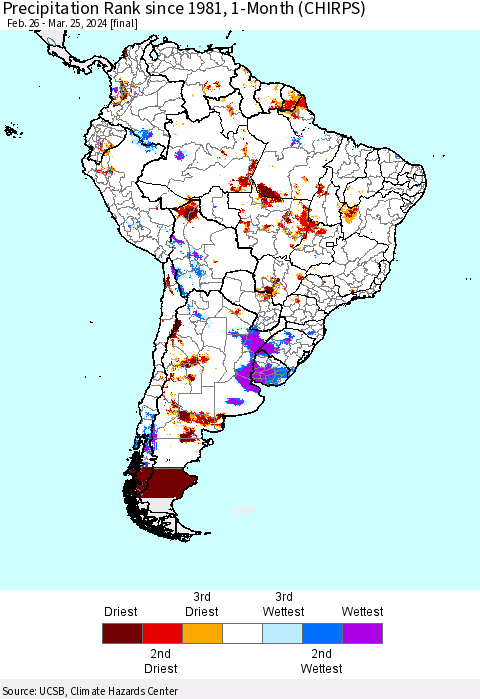 South America Precipitation Rank since 1981, 1-Month (CHIRPS) Thematic Map For 2/26/2024 - 3/25/2024