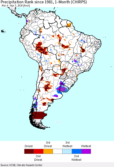 South America Precipitation Rank since 1981, 1-Month (CHIRPS) Thematic Map For 3/6/2024 - 4/5/2024