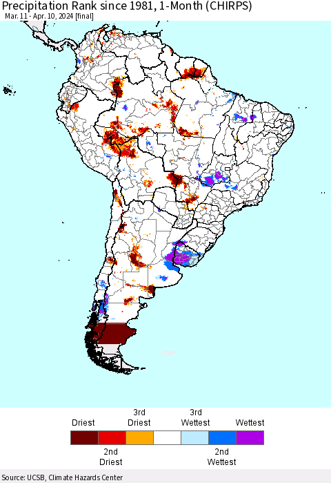 South America Precipitation Rank since 1981, 1-Month (CHIRPS) Thematic Map For 3/11/2024 - 4/10/2024