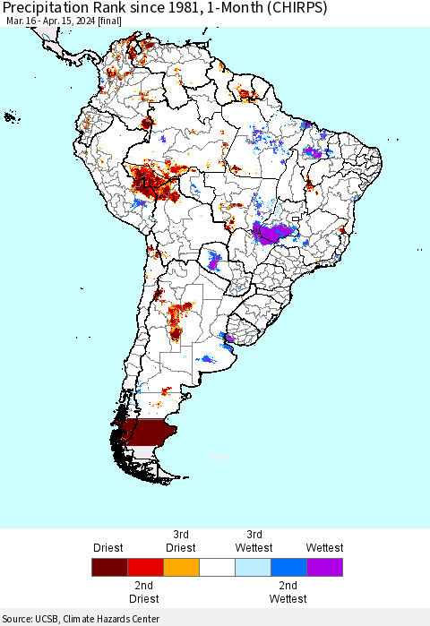South America Precipitation Rank since 1981, 1-Month (CHIRPS) Thematic Map For 3/16/2024 - 4/15/2024