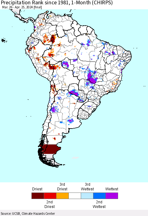 South America Precipitation Rank since 1981, 1-Month (CHIRPS) Thematic Map For 3/26/2024 - 4/25/2024