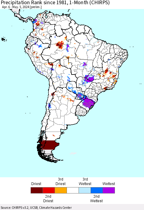 South America Precipitation Rank since 1981, 1-Month (CHIRPS) Thematic Map For 4/6/2024 - 5/5/2024