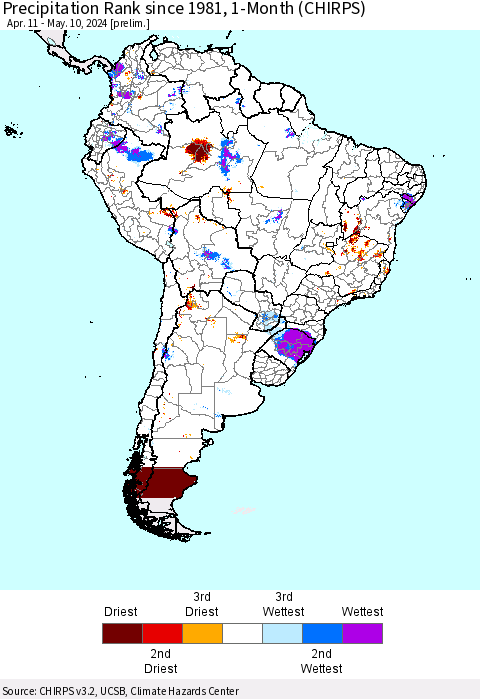 South America Precipitation Rank since 1981, 1-Month (CHIRPS) Thematic Map For 4/11/2024 - 5/10/2024