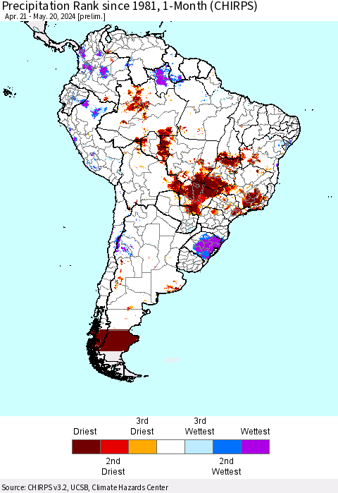 South America Precipitation Rank since 1981, 1-Month (CHIRPS) Thematic Map For 4/21/2024 - 5/20/2024