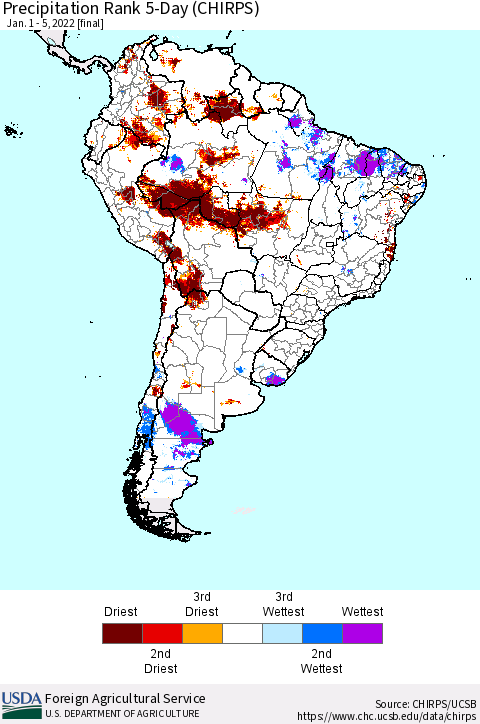 South America Precipitation Rank since 1981, 5-Day (CHIRPS) Thematic Map For 1/1/2022 - 1/5/2022