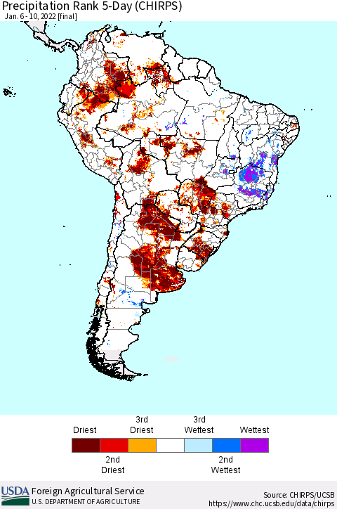 South America Precipitation Rank since 1981, 5-Day (CHIRPS) Thematic Map For 1/6/2022 - 1/10/2022