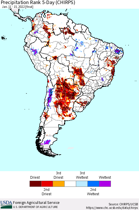South America Precipitation Rank since 1981, 5-Day (CHIRPS) Thematic Map For 1/11/2022 - 1/15/2022