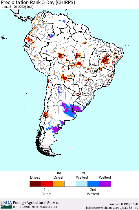 South America Precipitation Rank since 1981, 5-Day (CHIRPS) Thematic Map For 1/16/2022 - 1/20/2022