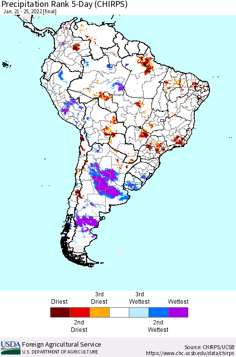 South America Precipitation Rank since 1981, 5-Day (CHIRPS) Thematic Map For 1/21/2022 - 1/25/2022