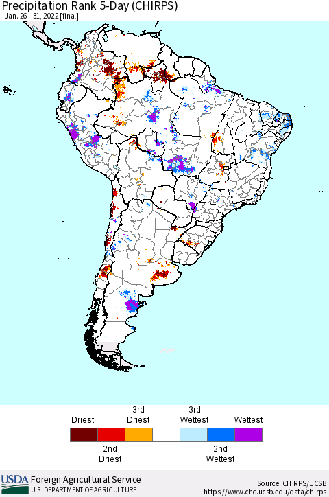 South America Precipitation Rank since 1981, 5-Day (CHIRPS) Thematic Map For 1/26/2022 - 1/31/2022