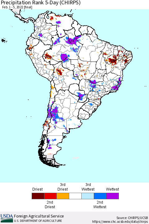 South America Precipitation Rank since 1981, 5-Day (CHIRPS) Thematic Map For 2/1/2022 - 2/5/2022