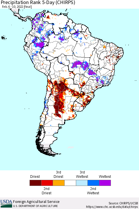 South America Precipitation Rank since 1981, 5-Day (CHIRPS) Thematic Map For 2/6/2022 - 2/10/2022