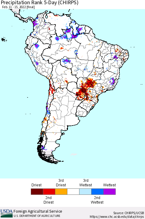 South America Precipitation Rank since 1981, 5-Day (CHIRPS) Thematic Map For 2/11/2022 - 2/15/2022