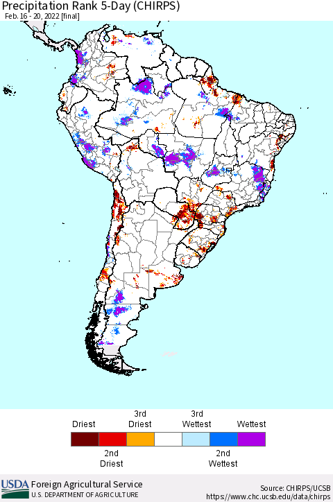 South America Precipitation Rank since 1981, 5-Day (CHIRPS) Thematic Map For 2/16/2022 - 2/20/2022
