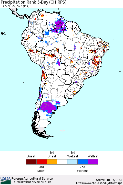 South America Precipitation Rank since 1981, 5-Day (CHIRPS) Thematic Map For 2/21/2022 - 2/25/2022