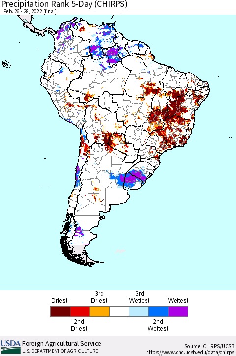 South America Precipitation Rank since 1981, 5-Day (CHIRPS) Thematic Map For 2/26/2022 - 2/28/2022