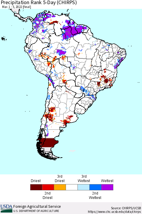 South America Precipitation Rank since 1981, 5-Day (CHIRPS) Thematic Map For 3/1/2022 - 3/5/2022