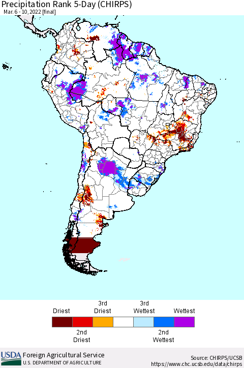 South America Precipitation Rank since 1981, 5-Day (CHIRPS) Thematic Map For 3/6/2022 - 3/10/2022