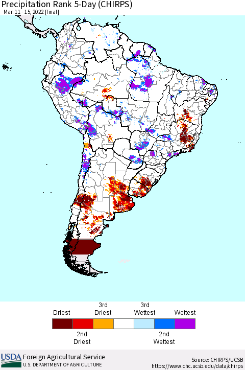 South America Precipitation Rank since 1981, 5-Day (CHIRPS) Thematic Map For 3/11/2022 - 3/15/2022
