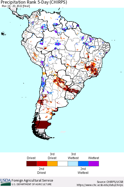 South America Precipitation Rank since 1981, 5-Day (CHIRPS) Thematic Map For 3/16/2022 - 3/20/2022
