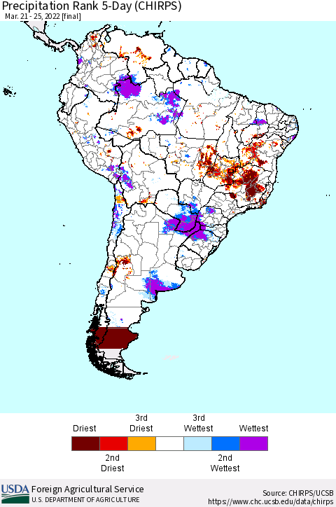 South America Precipitation Rank since 1981, 5-Day (CHIRPS) Thematic Map For 3/21/2022 - 3/25/2022