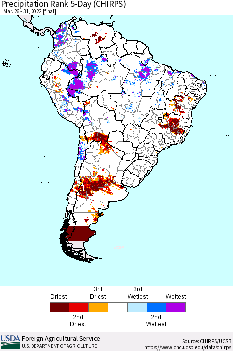 South America Precipitation Rank since 1981, 5-Day (CHIRPS) Thematic Map For 3/26/2022 - 3/31/2022