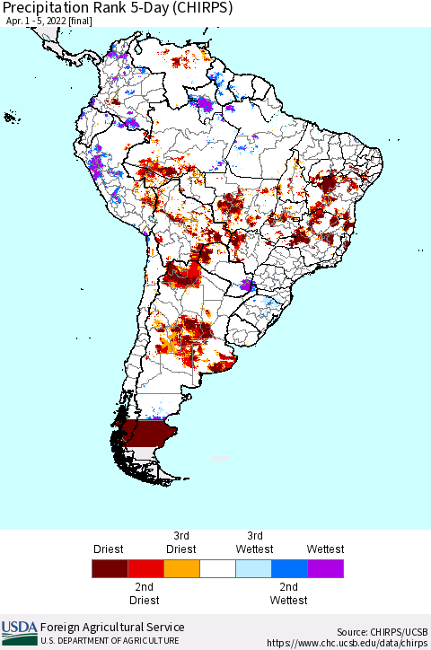 South America Precipitation Rank since 1981, 5-Day (CHIRPS) Thematic Map For 4/1/2022 - 4/5/2022
