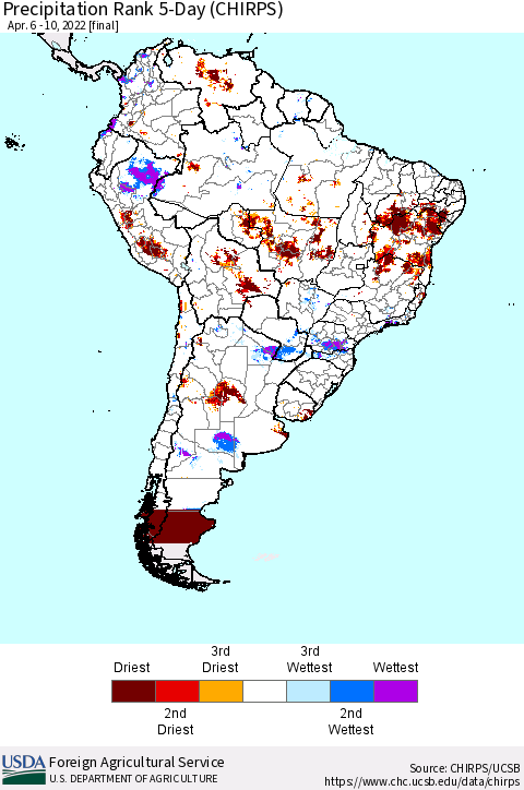 South America Precipitation Rank since 1981, 5-Day (CHIRPS) Thematic Map For 4/6/2022 - 4/10/2022