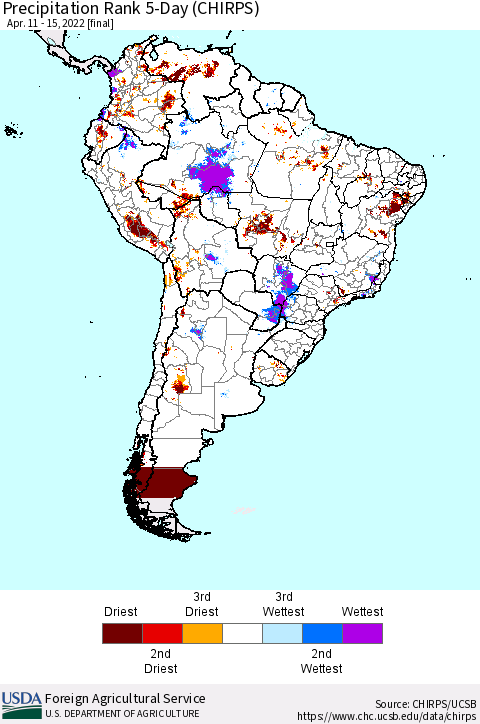 South America Precipitation Rank since 1981, 5-Day (CHIRPS) Thematic Map For 4/11/2022 - 4/15/2022