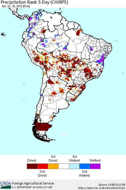 South America Precipitation Rank since 1981, 5-Day (CHIRPS) Thematic Map For 4/16/2022 - 4/20/2022