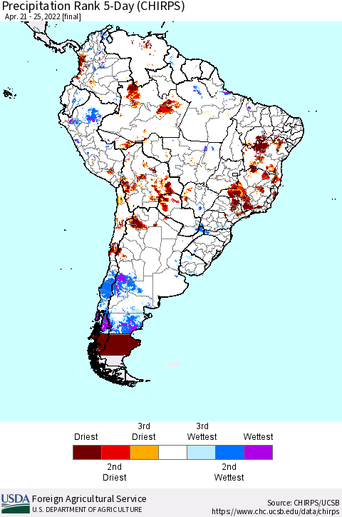 South America Precipitation Rank since 1981, 5-Day (CHIRPS) Thematic Map For 4/21/2022 - 4/25/2022