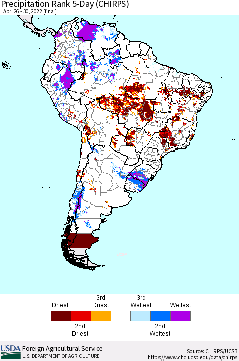 South America Precipitation Rank since 1981, 5-Day (CHIRPS) Thematic Map For 4/26/2022 - 4/30/2022
