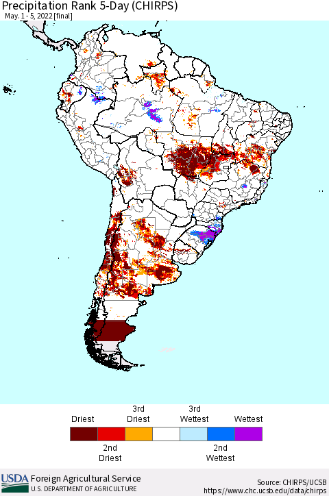 South America Precipitation Rank since 1981, 5-Day (CHIRPS) Thematic Map For 5/1/2022 - 5/5/2022