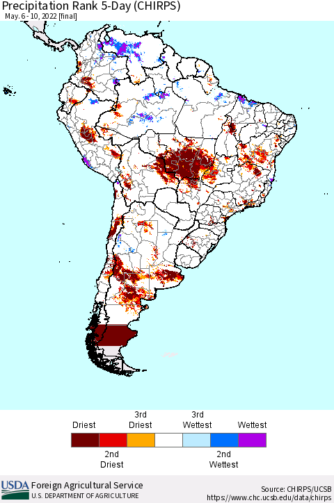 South America Precipitation Rank since 1981, 5-Day (CHIRPS) Thematic Map For 5/6/2022 - 5/10/2022