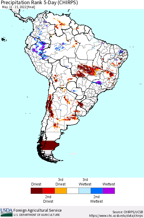 South America Precipitation Rank since 1981, 5-Day (CHIRPS) Thematic Map For 5/11/2022 - 5/15/2022