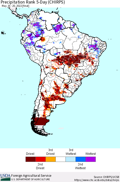South America Precipitation Rank since 1981, 5-Day (CHIRPS) Thematic Map For 5/16/2022 - 5/20/2022