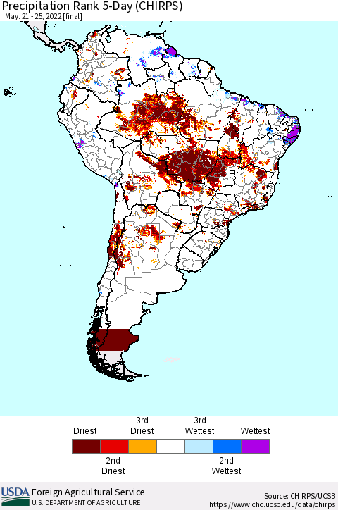 South America Precipitation Rank since 1981, 5-Day (CHIRPS) Thematic Map For 5/21/2022 - 5/25/2022