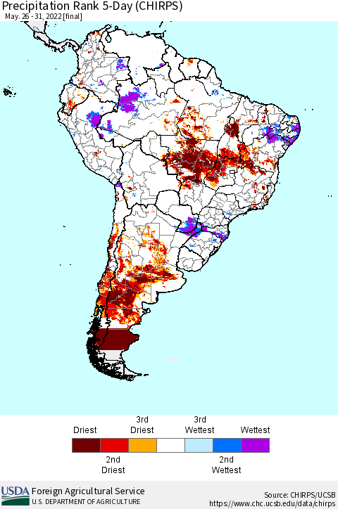 South America Precipitation Rank since 1981, 5-Day (CHIRPS) Thematic Map For 5/26/2022 - 5/31/2022