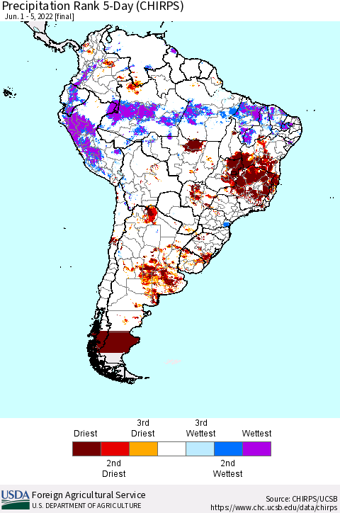 South America Precipitation Rank since 1981, 5-Day (CHIRPS) Thematic Map For 6/1/2022 - 6/5/2022